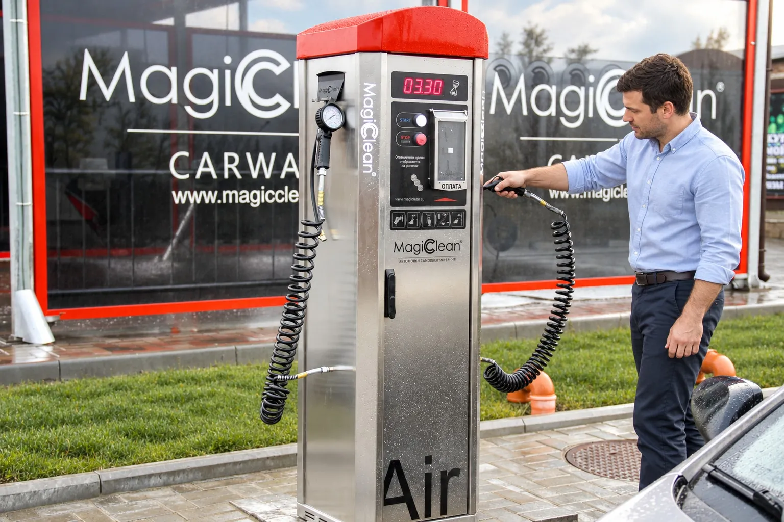 Клиент у автомата подкачки шин MagicClean AIR