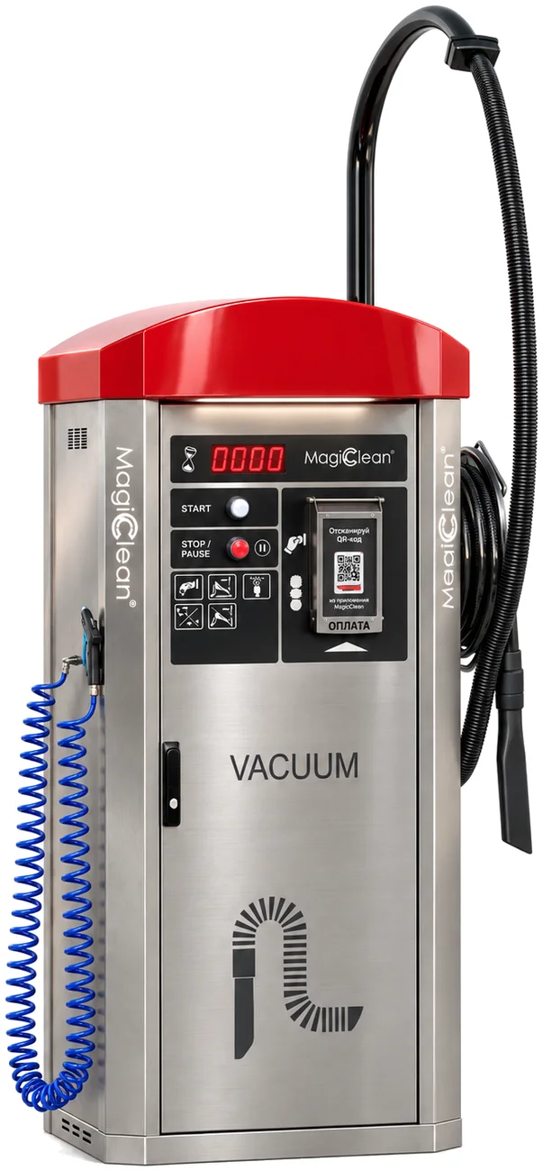 Пылесос самообслуживания VACUUM с консолью и продувкой/подкачкой: корпус из нержавеющей стали с красной крышей, консоль со шлангом пылесоса над крышей и спиральный шланг сжатого воздуха